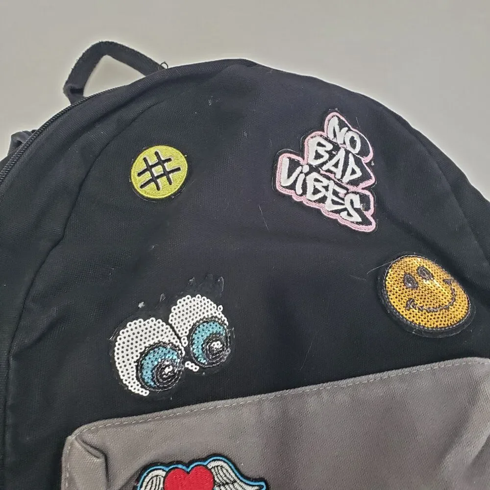 Black and Grey Fun Backpack with Decor, Approx. 17 x 12 x 6